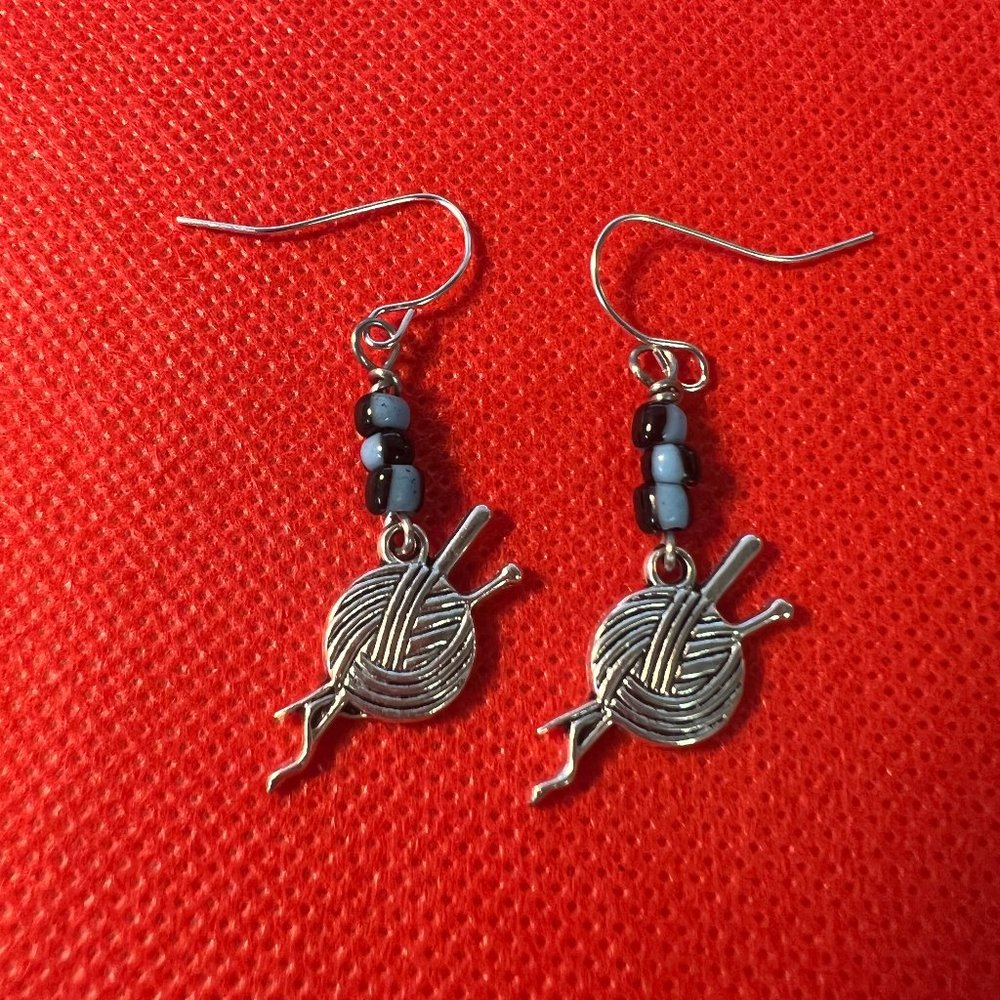 Knitting Knitter's Yarn and Needles with Blue & Black Beads Silver Tone Earrings